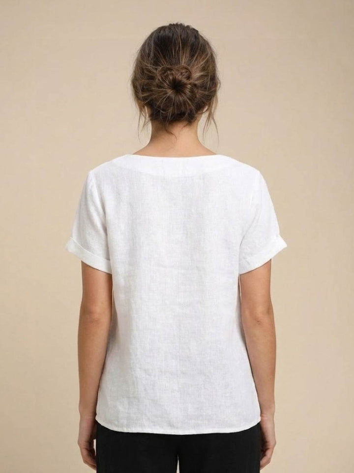 Margaret | Ladies Linen Round Neck Button Blouse