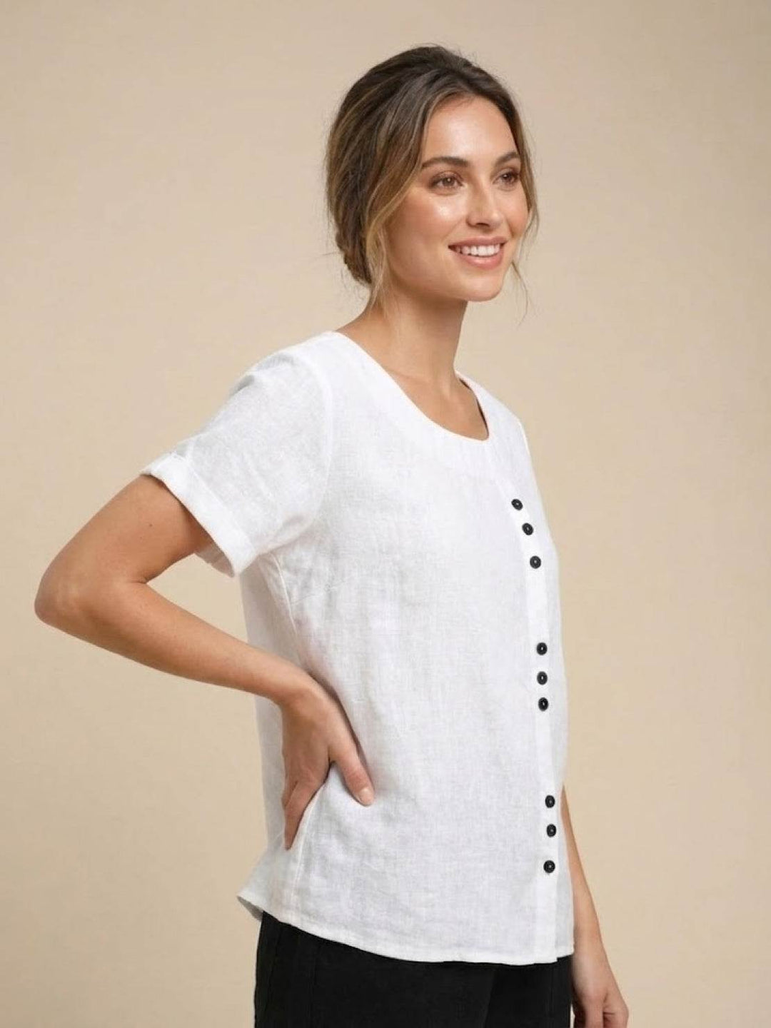 Margaret | Ladies Linen Round Neck Button Blouse