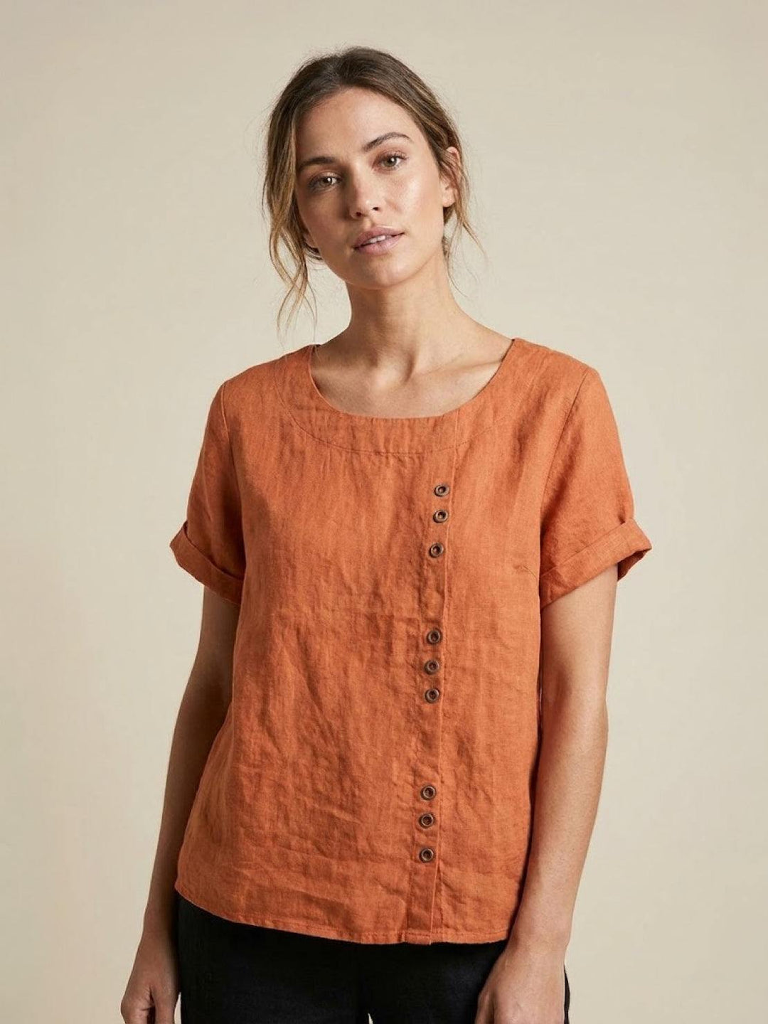 Margaret | Ladies Linen Round Neck Button Blouse