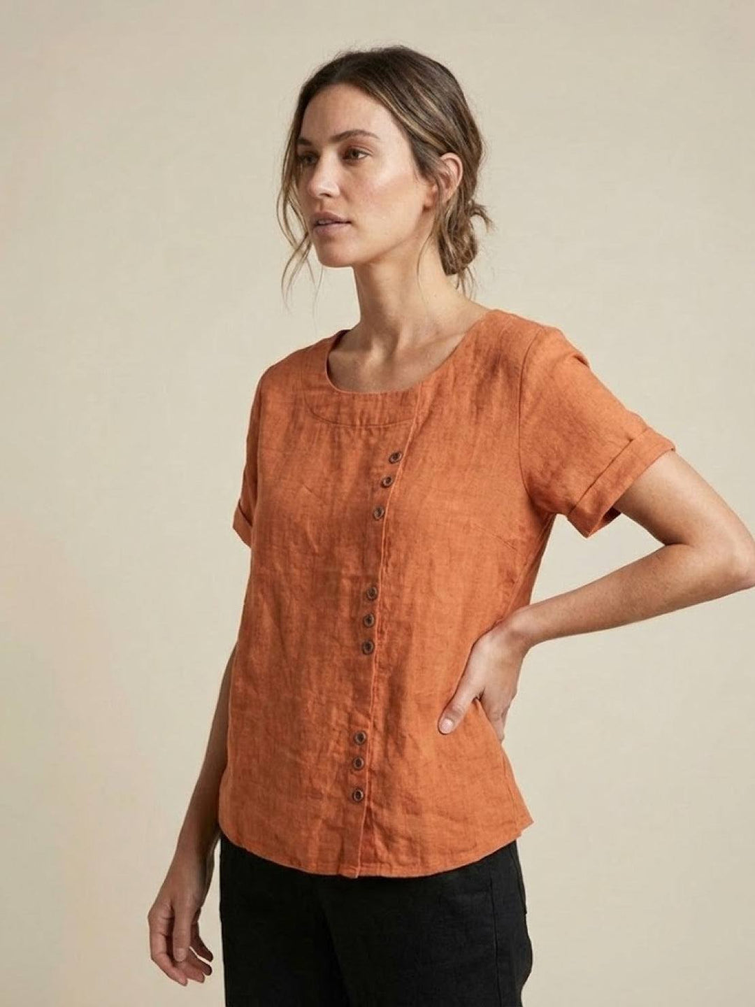 Margaret | Ladies Linen Round Neck Button Blouse