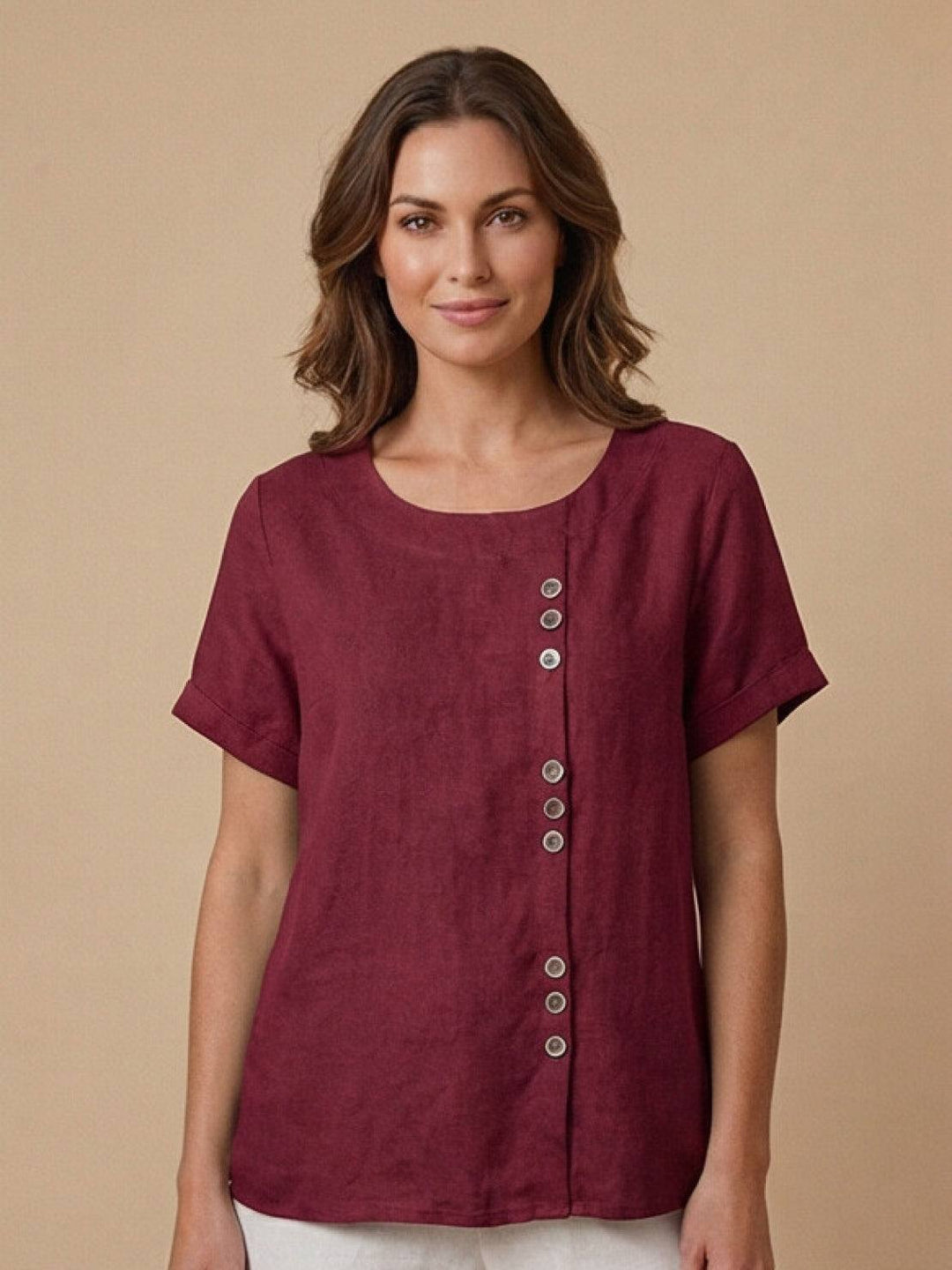 Margaret | Ladies Linen Round Neck Button Blouse