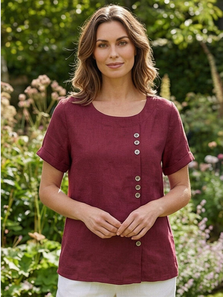 Margaret | Ladies Linen Round Neck Button Blouse