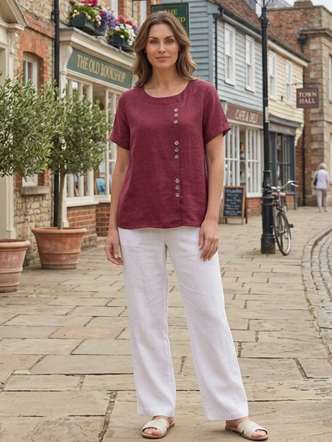 Margaret | Ladies Linen Round Neck Button Blouse