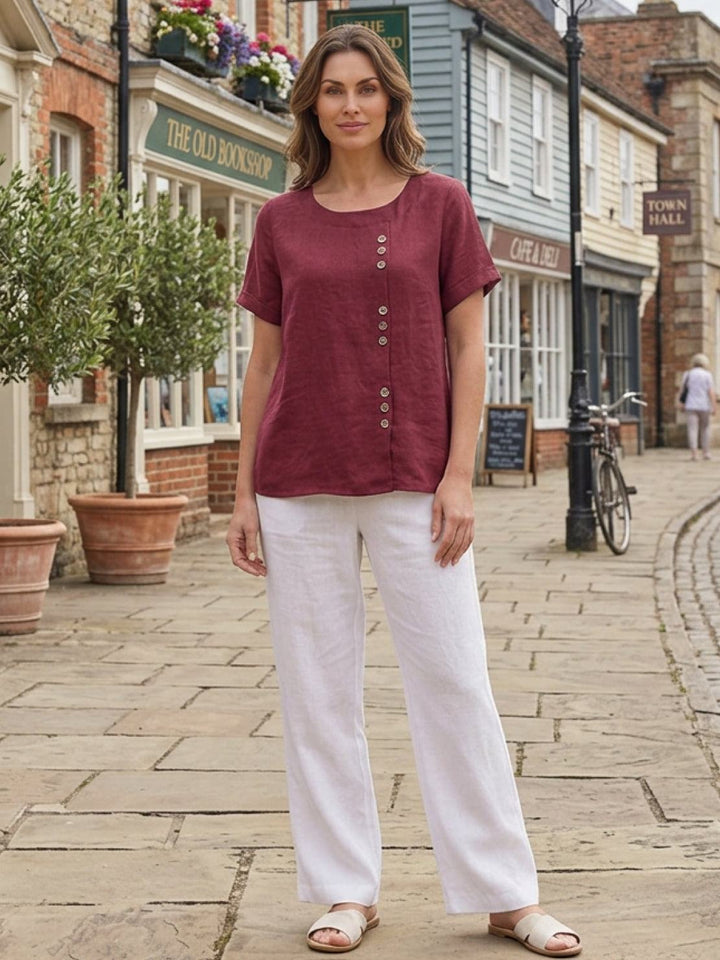 Margaret | Ladies Linen Round Neck Button Blouse