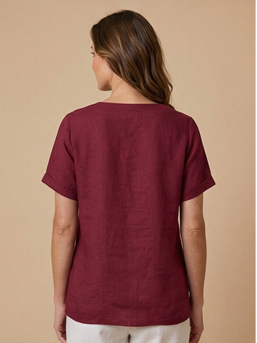 Margaret | Ladies Linen Round Neck Button Blouse