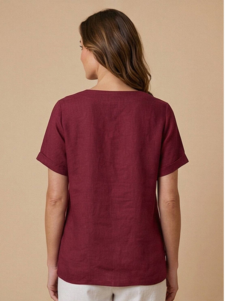 Margaret | Ladies Linen Round Neck Button Blouse
