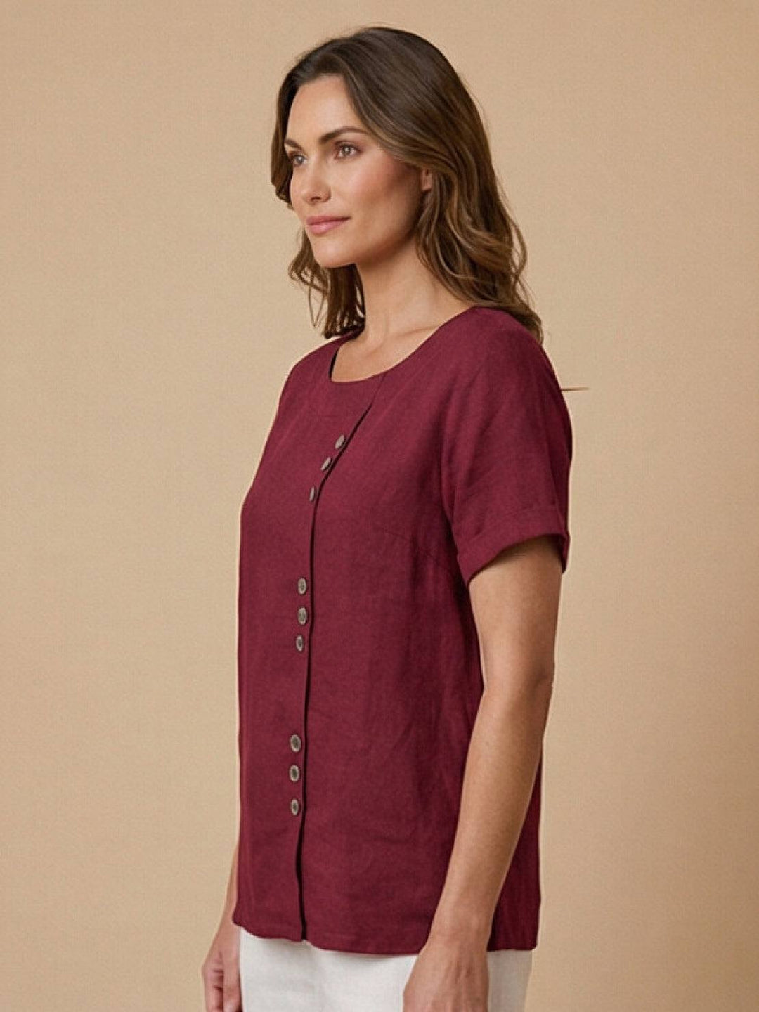 Margaret | Ladies Linen Round Neck Button Blouse