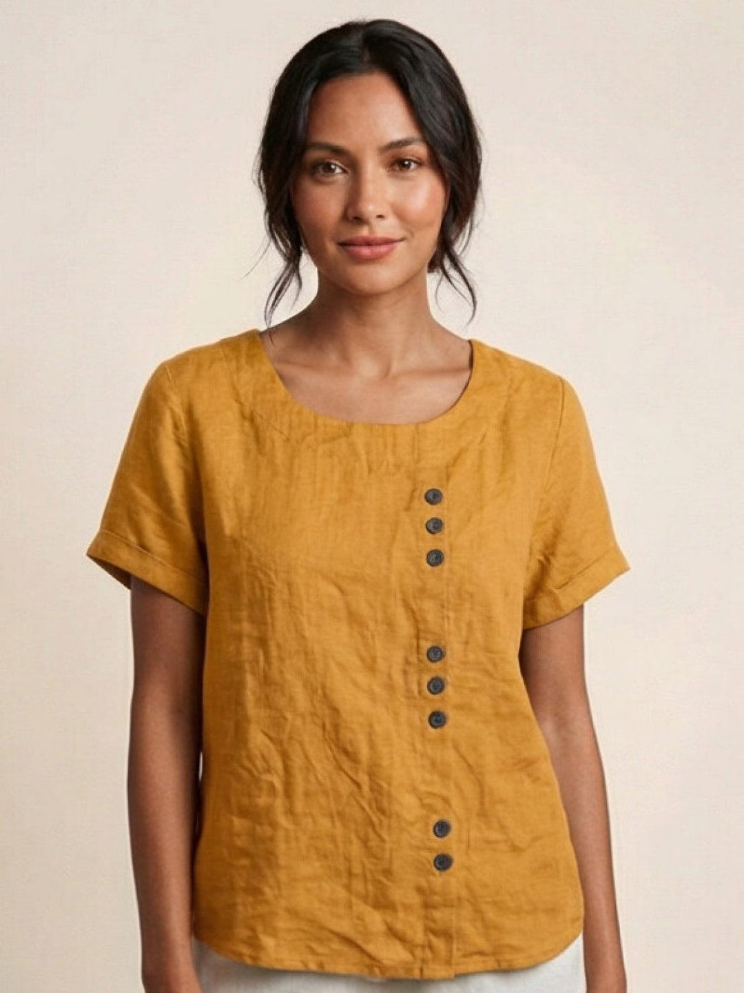 Margaret | Ladies Linen Round Neck Button Blouse