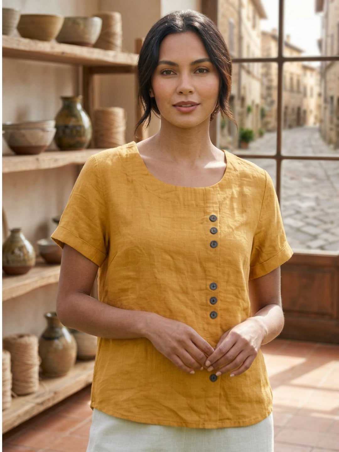 Margaret | Ladies Linen Round Neck Button Blouse