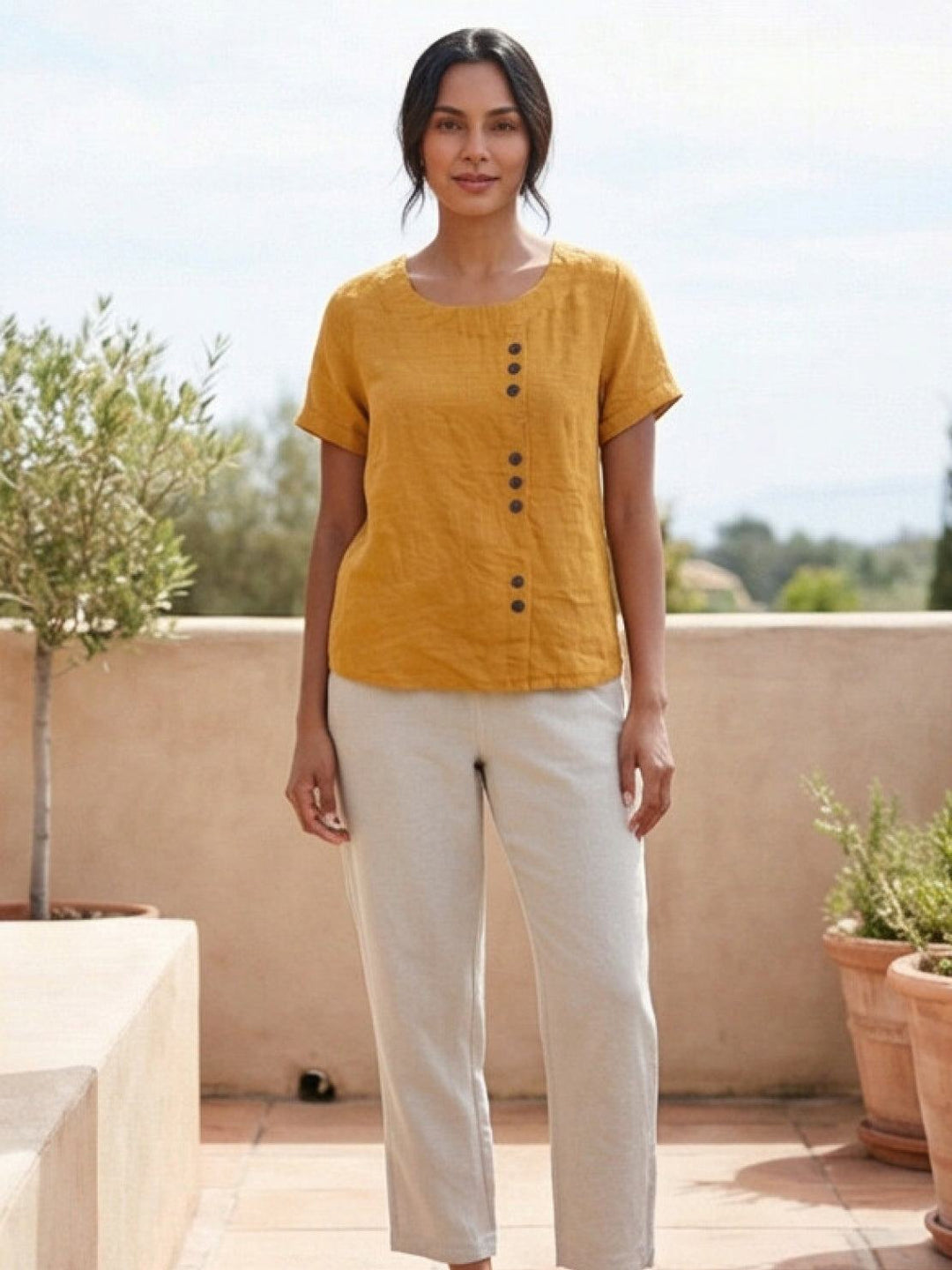 Margaret | Ladies Linen Round Neck Button Blouse