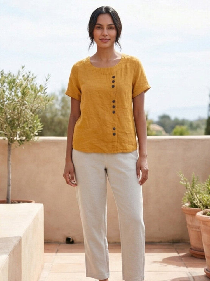 Margaret | Ladies Linen Round Neck Button Blouse