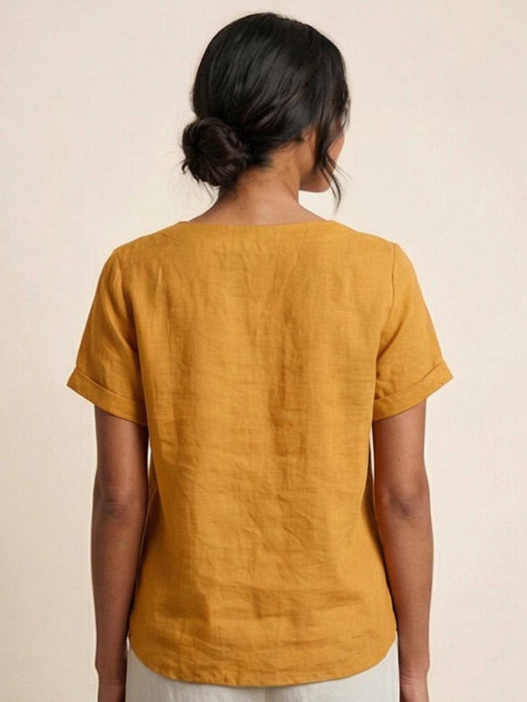 Margaret | Ladies Linen Round Neck Button Blouse