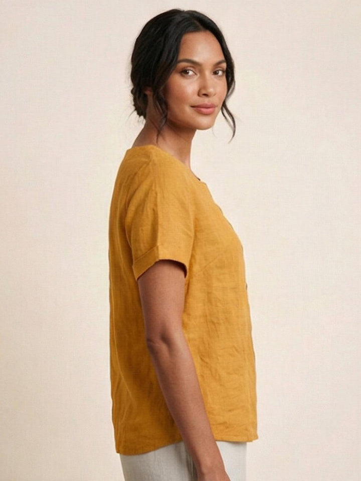Margaret | Ladies Linen Round Neck Button Blouse