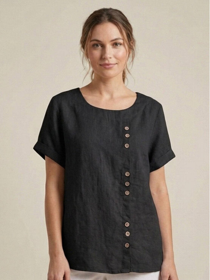 Margaret | Ladies Linen Round Neck Button Blouse