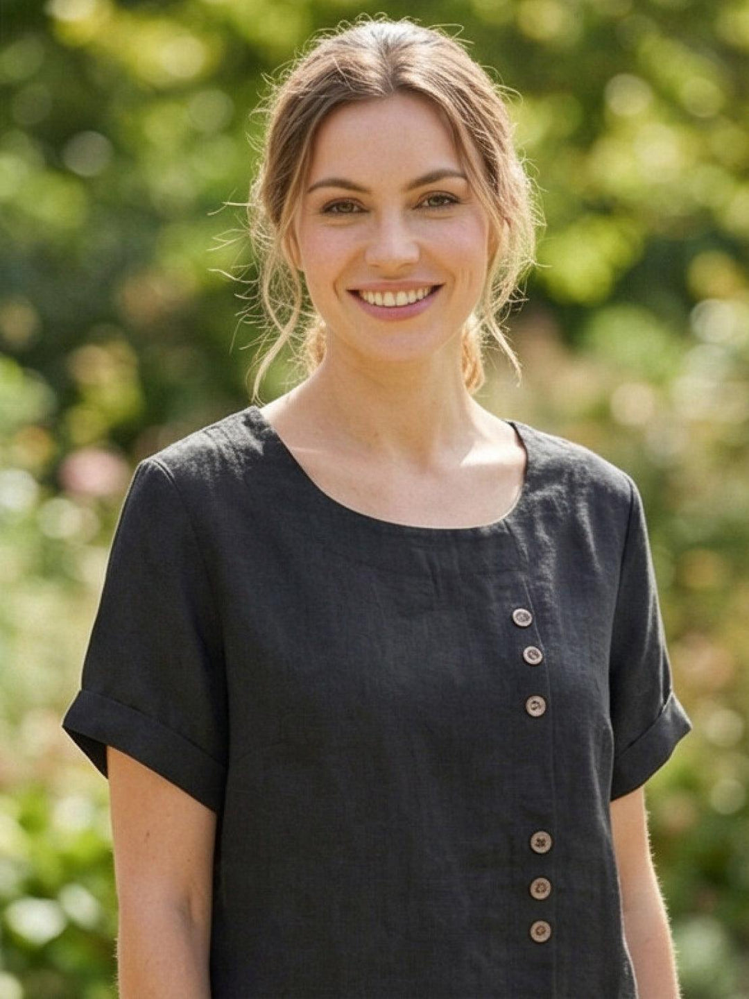 Margaret | Ladies Linen Round Neck Button Blouse