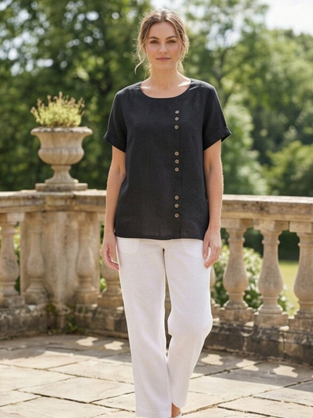 Margaret | Ladies Linen Round Neck Button Blouse