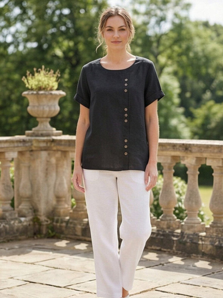 Margaret | Ladies Linen Round Neck Button Blouse