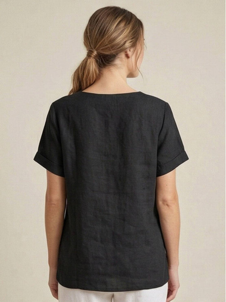 Margaret | Ladies Linen Round Neck Button Blouse