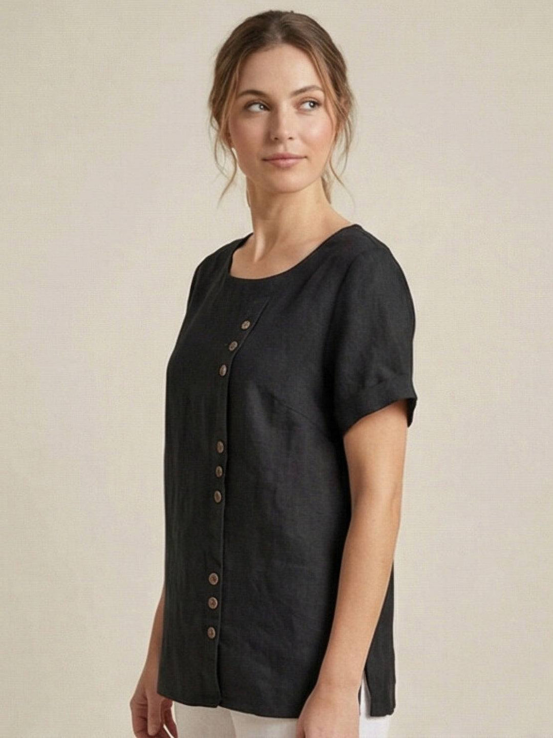 Margaret | Ladies Linen Round Neck Button Blouse