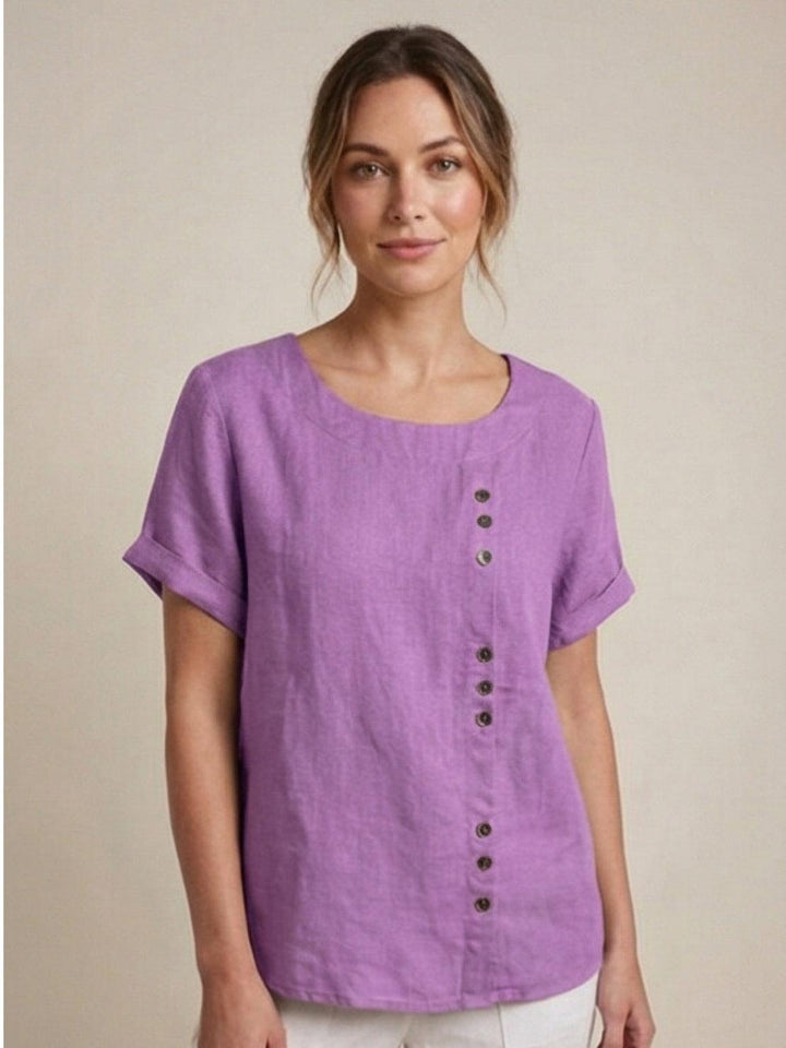 Margaret | Ladies Linen Round Neck Button Blouse