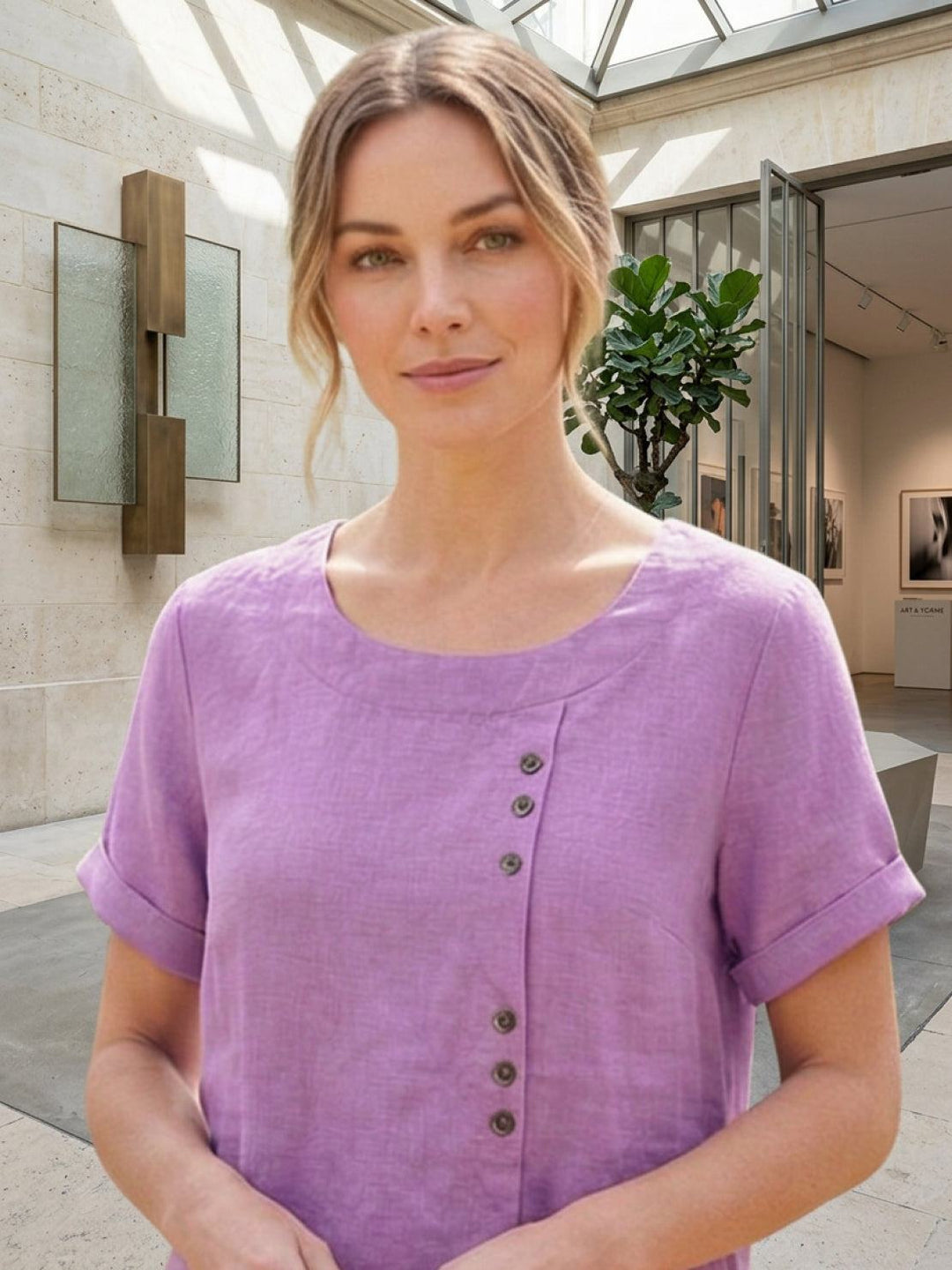 Margaret | Ladies Linen Round Neck Button Blouse