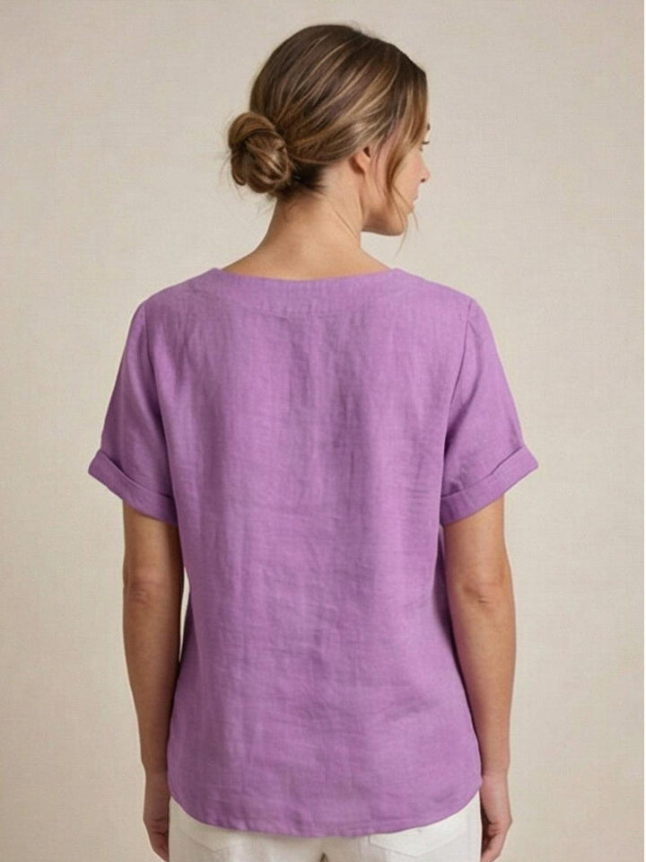Margaret | Ladies Linen Round Neck Button Blouse