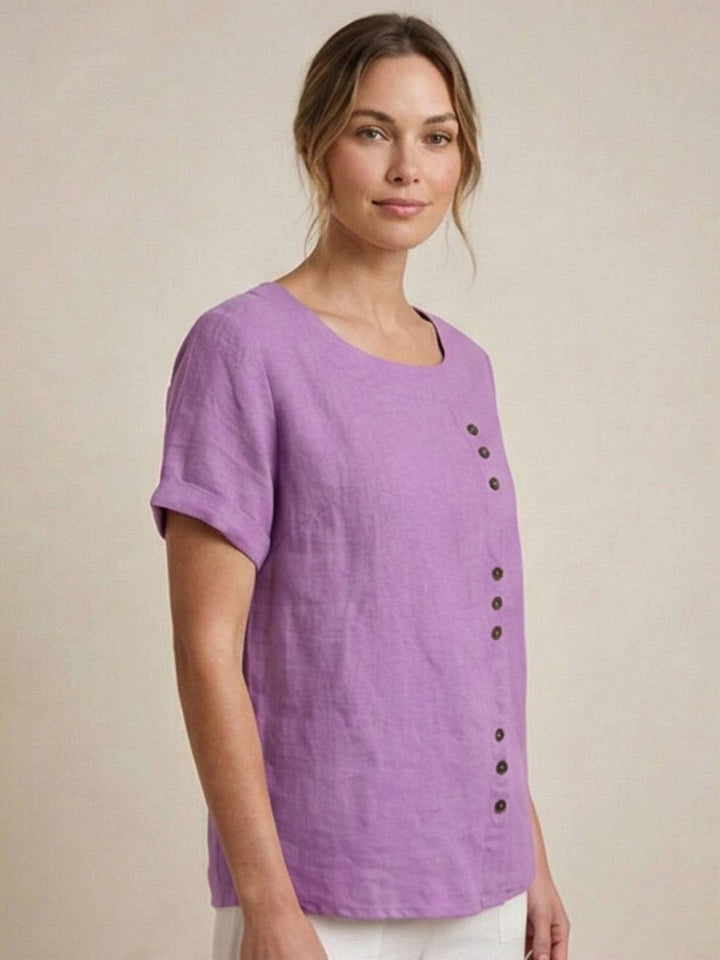 Margaret | Ladies Linen Round Neck Button Blouse