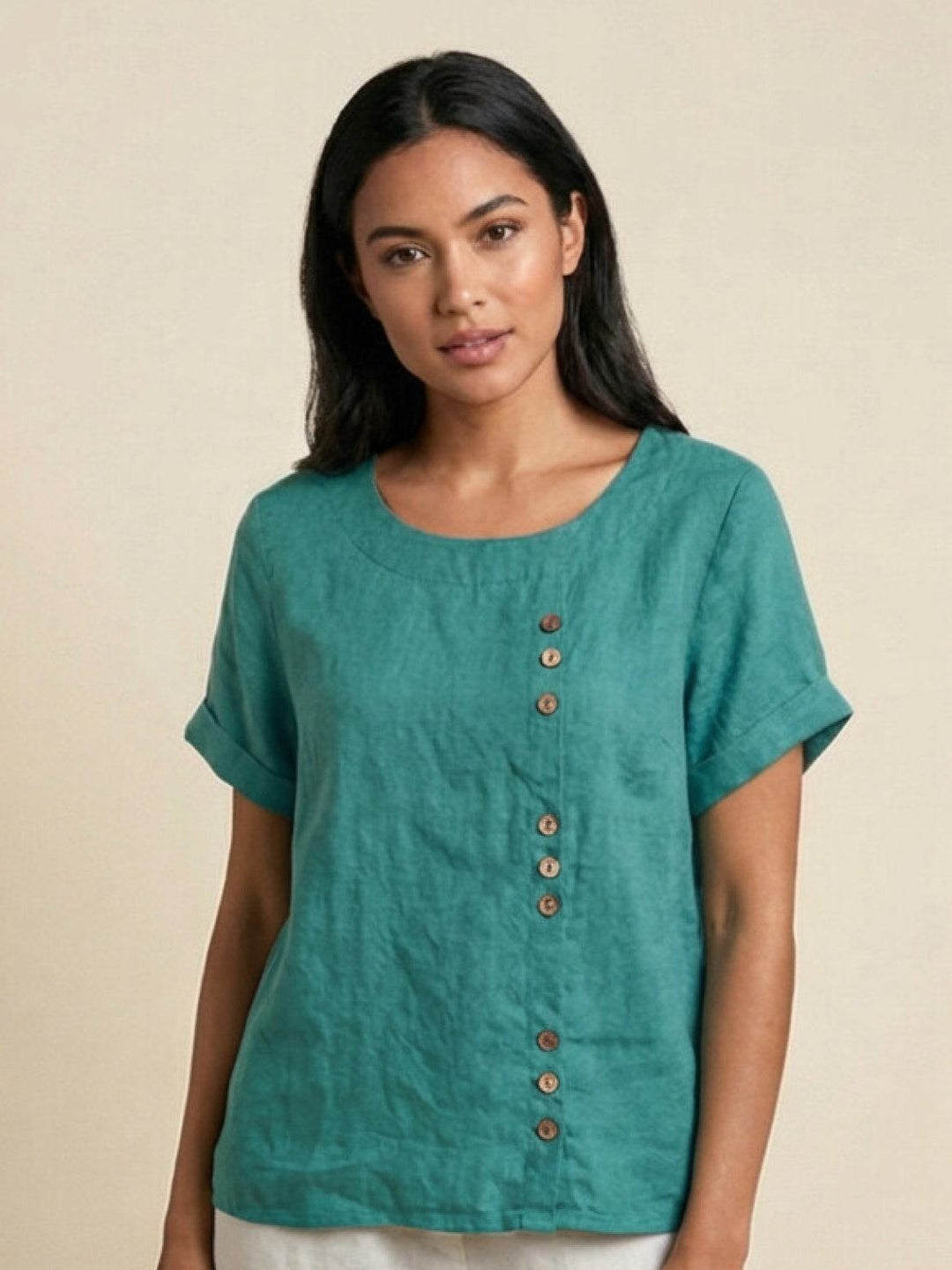 Margaret | Ladies Linen Round Neck Button Blouse