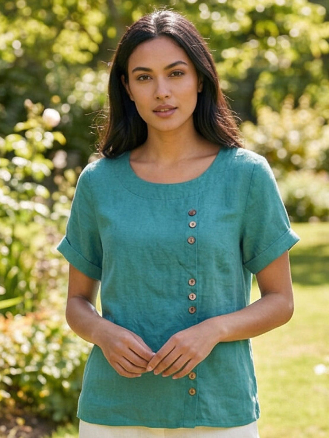 Margaret | Ladies Linen Round Neck Button Blouse