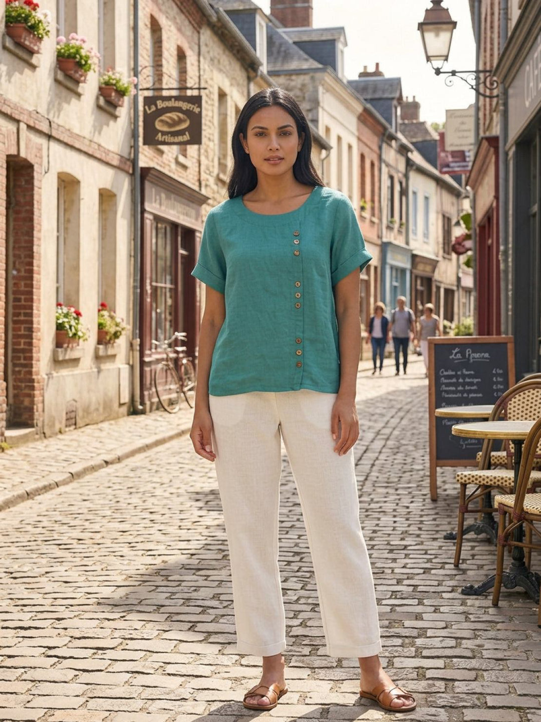 Margaret | Ladies Linen Round Neck Button Blouse