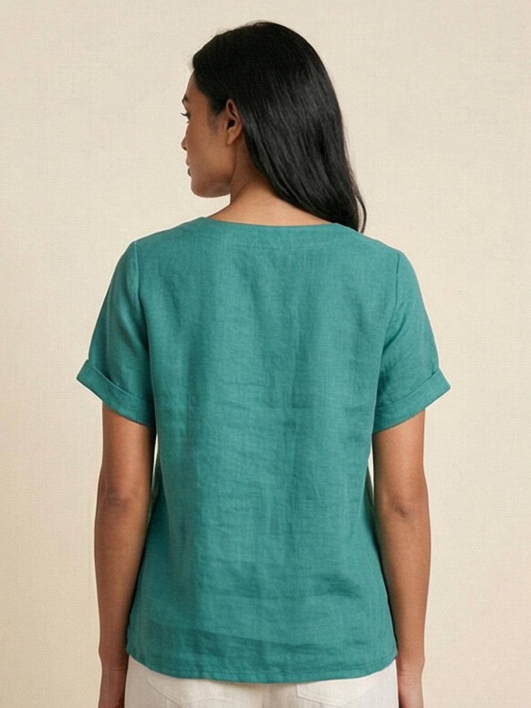 Margaret | Ladies Linen Round Neck Button Blouse
