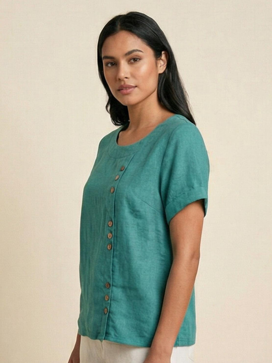 Margaret | Ladies Linen Round Neck Button Blouse