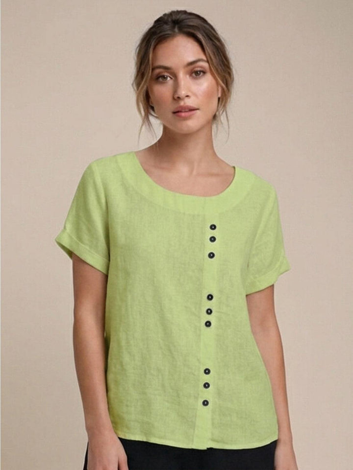 Margaret | Ladies Linen Round Neck Button Blouse