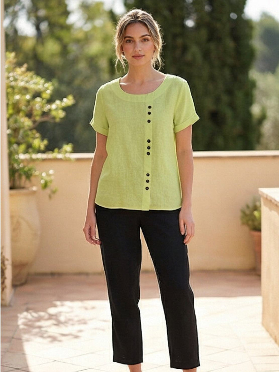 Margaret | Ladies Linen Round Neck Button Blouse