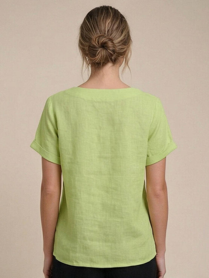 Margaret | Ladies Linen Round Neck Button Blouse