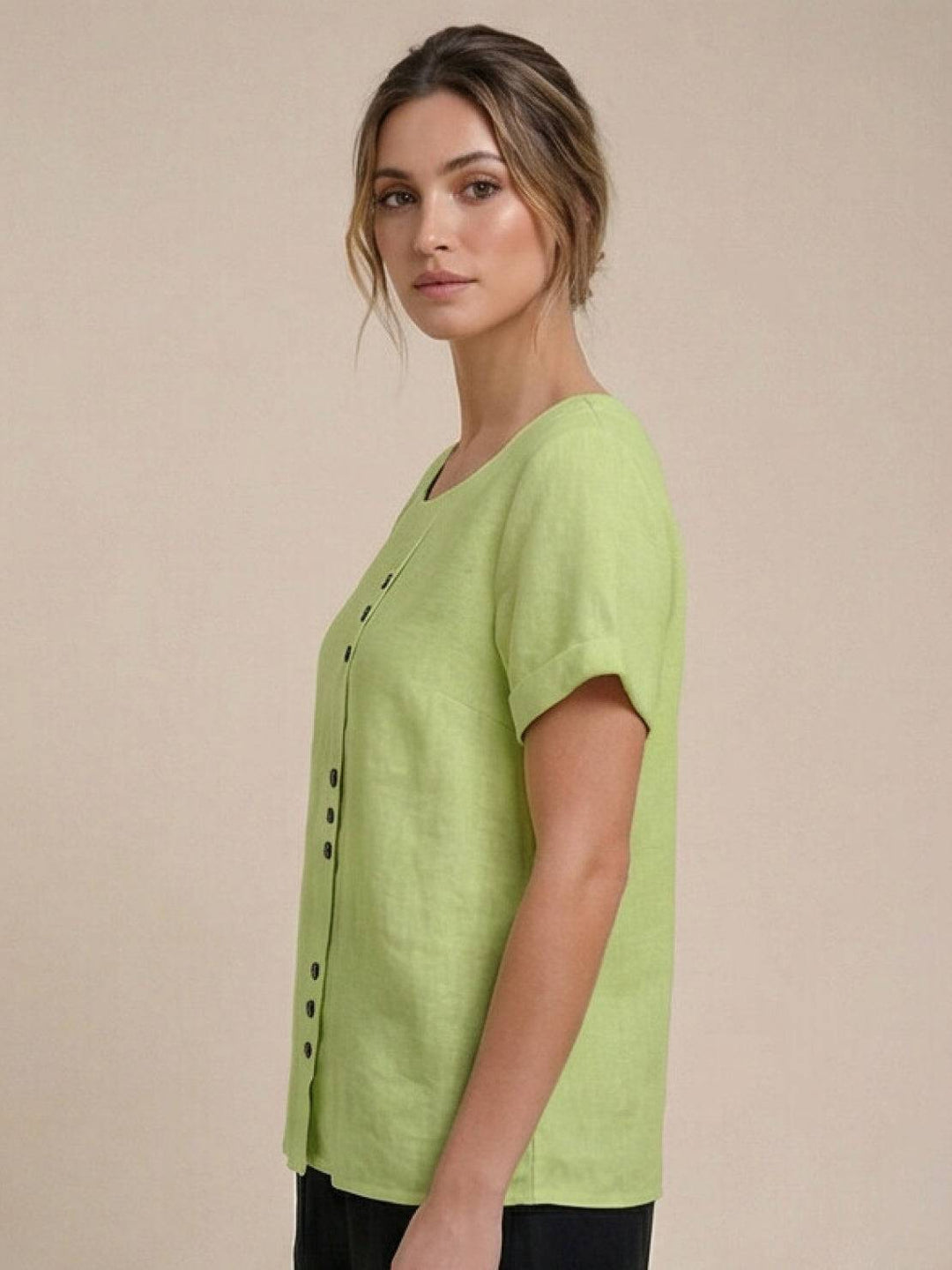 Margaret | Ladies Linen Round Neck Button Blouse