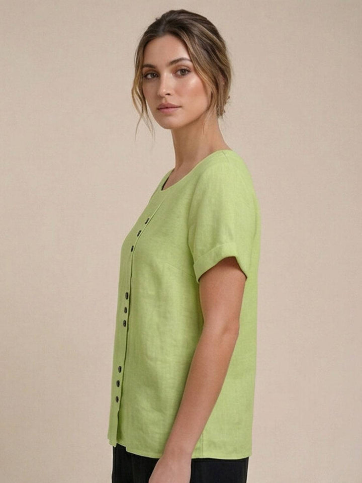 Margaret | Ladies Linen Round Neck Button Blouse