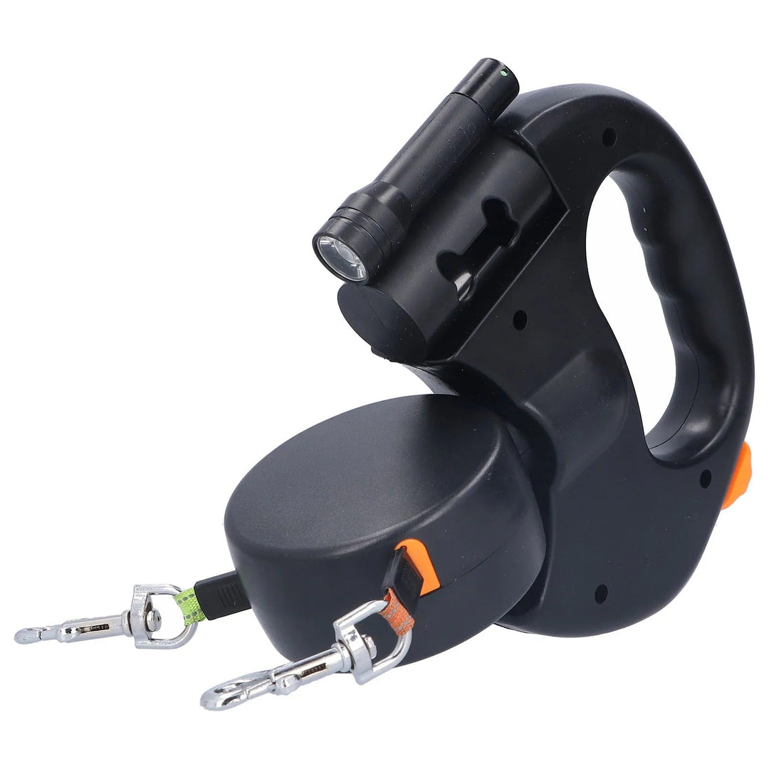 Retractable Double Dog Leash with Flashlight and Bag Dispenser