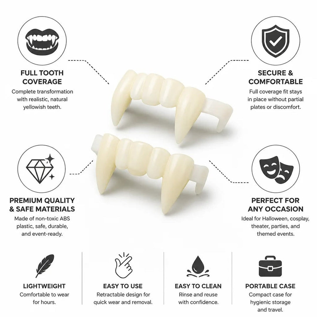 Retractable Vampire Fangs Realistic Full Tooth Coverage With Natural Yellow Shade