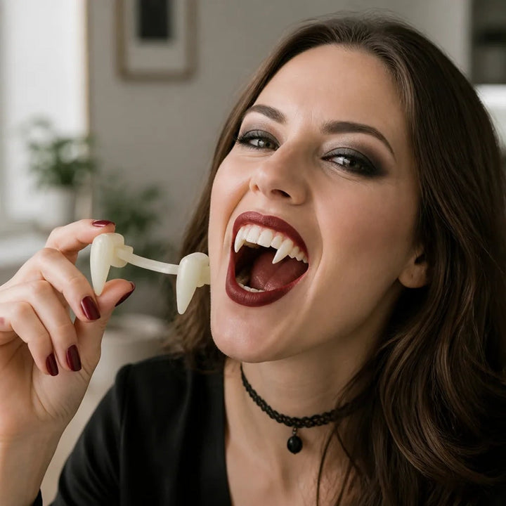 Retractable Vampire Fangs Realistic Full Tooth Coverage With Natural Yellow Shade