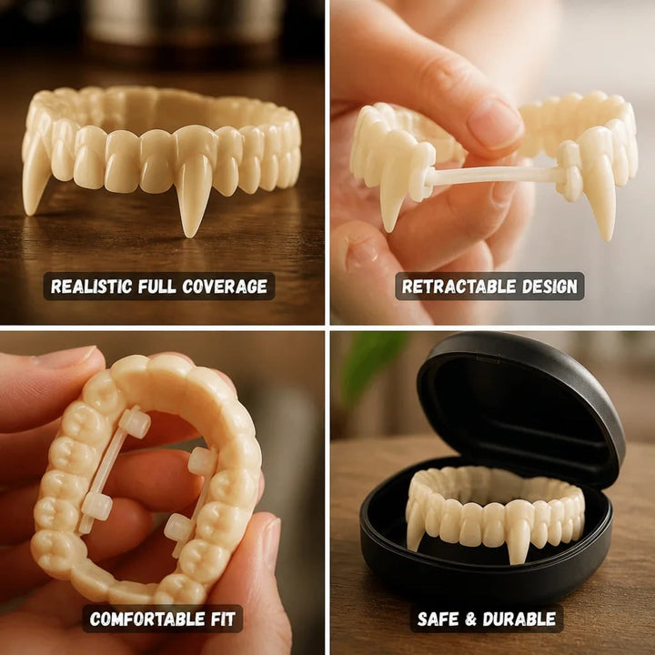 Retractable Vampire Fangs Realistic Full Tooth Coverage With Natural Yellow Shade
