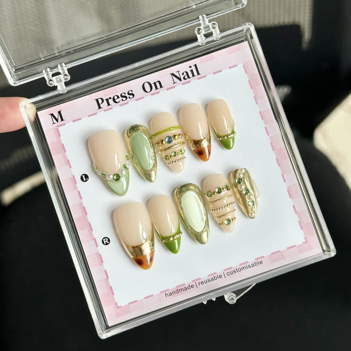 Reusable Handmade Press-On Nail Set with Decorative Elements, view 2 - Elena Harper