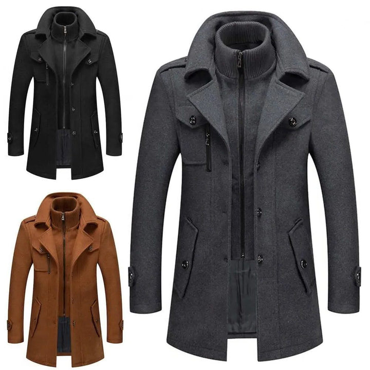 Winter Coat with Zipper and Notched Collar for Men