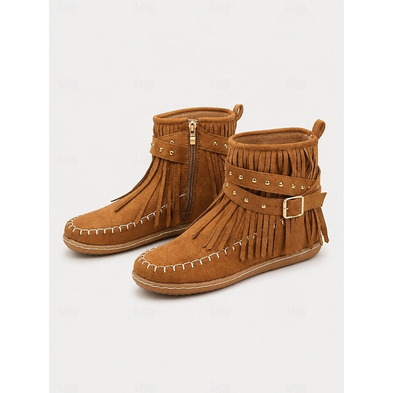 Florence - Chic Fringe Flat Ankle Boots