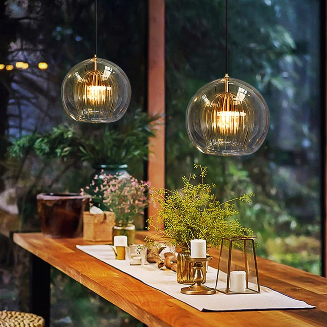 Ribbed Glass Globe Pendant Light With Brass Fitting