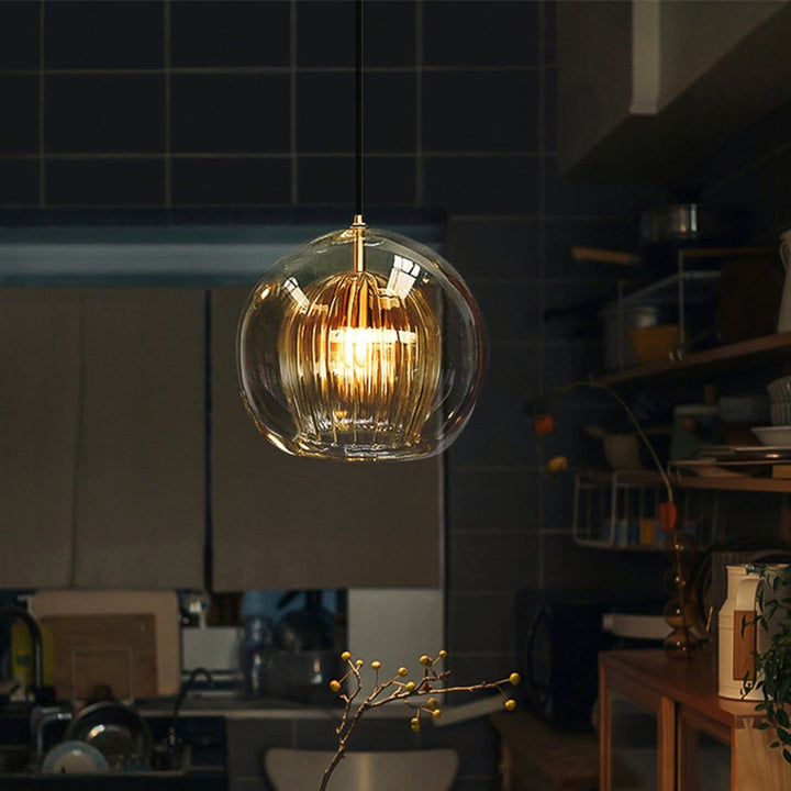 Ribbed Glass Globe Pendant Light With Brass Fitting