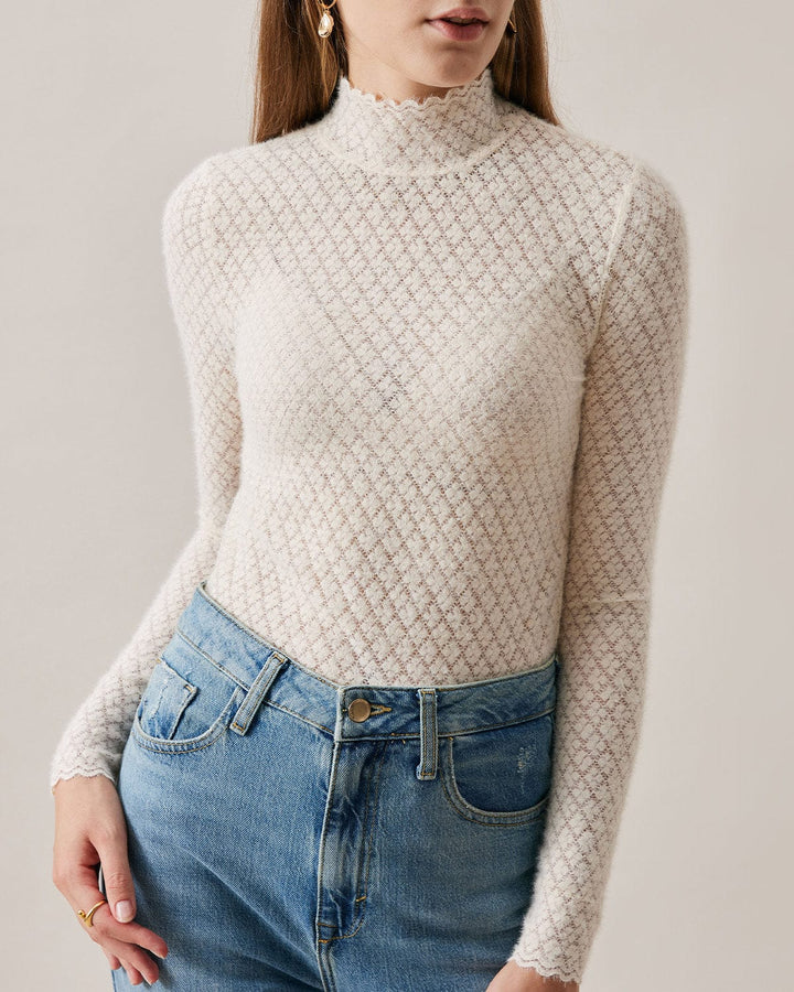 Transparent Women's Sweater with High Neck and Lace Details