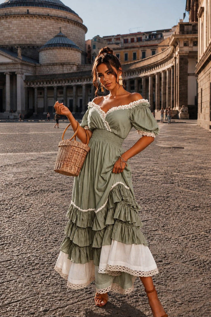 Naeun Off-Shoulder Maxi Dress with Ruffles and Lace Trim - Elena Harper
