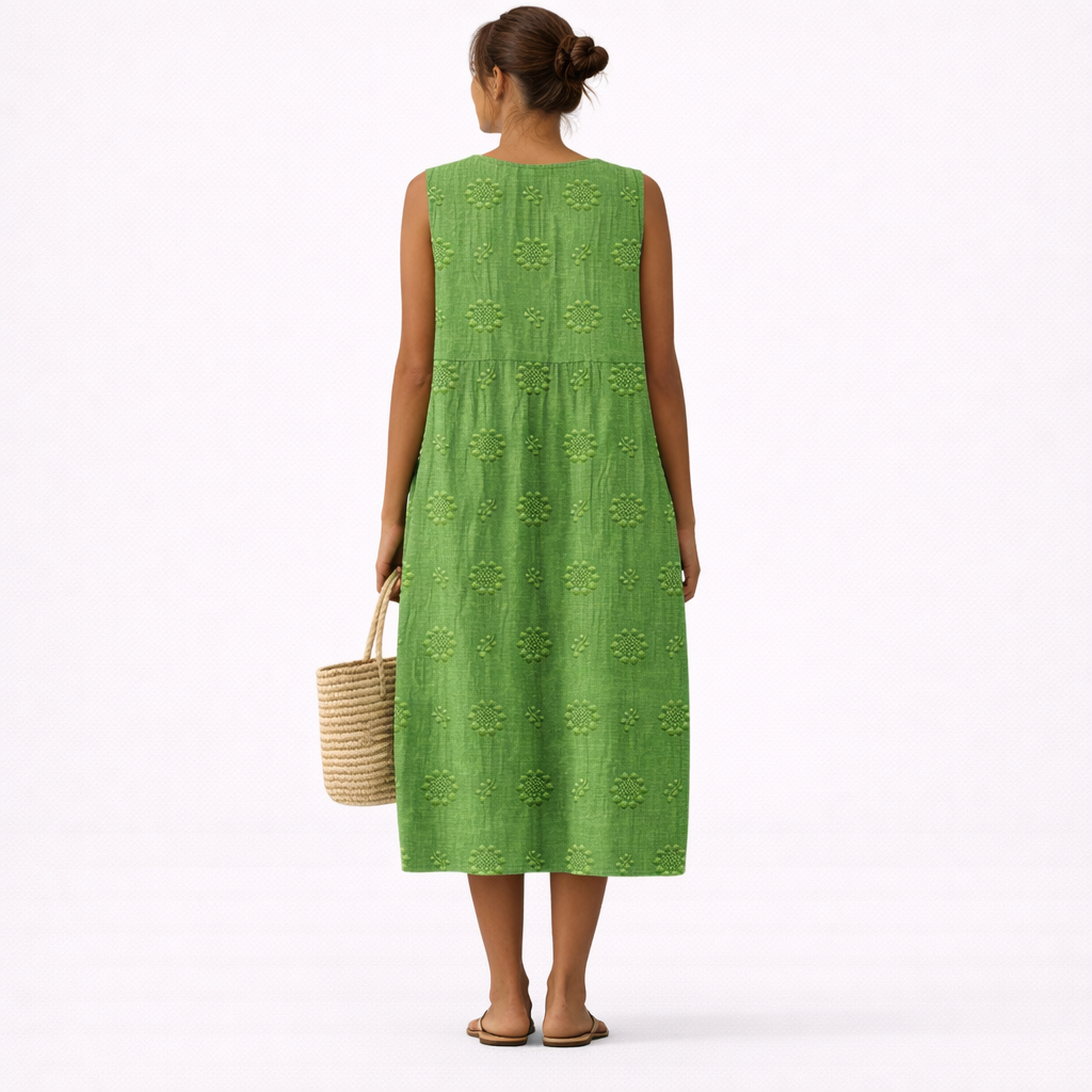 Green Embroidered Sleeveless Midi Dress for Women, view 3 - Elena Harper
