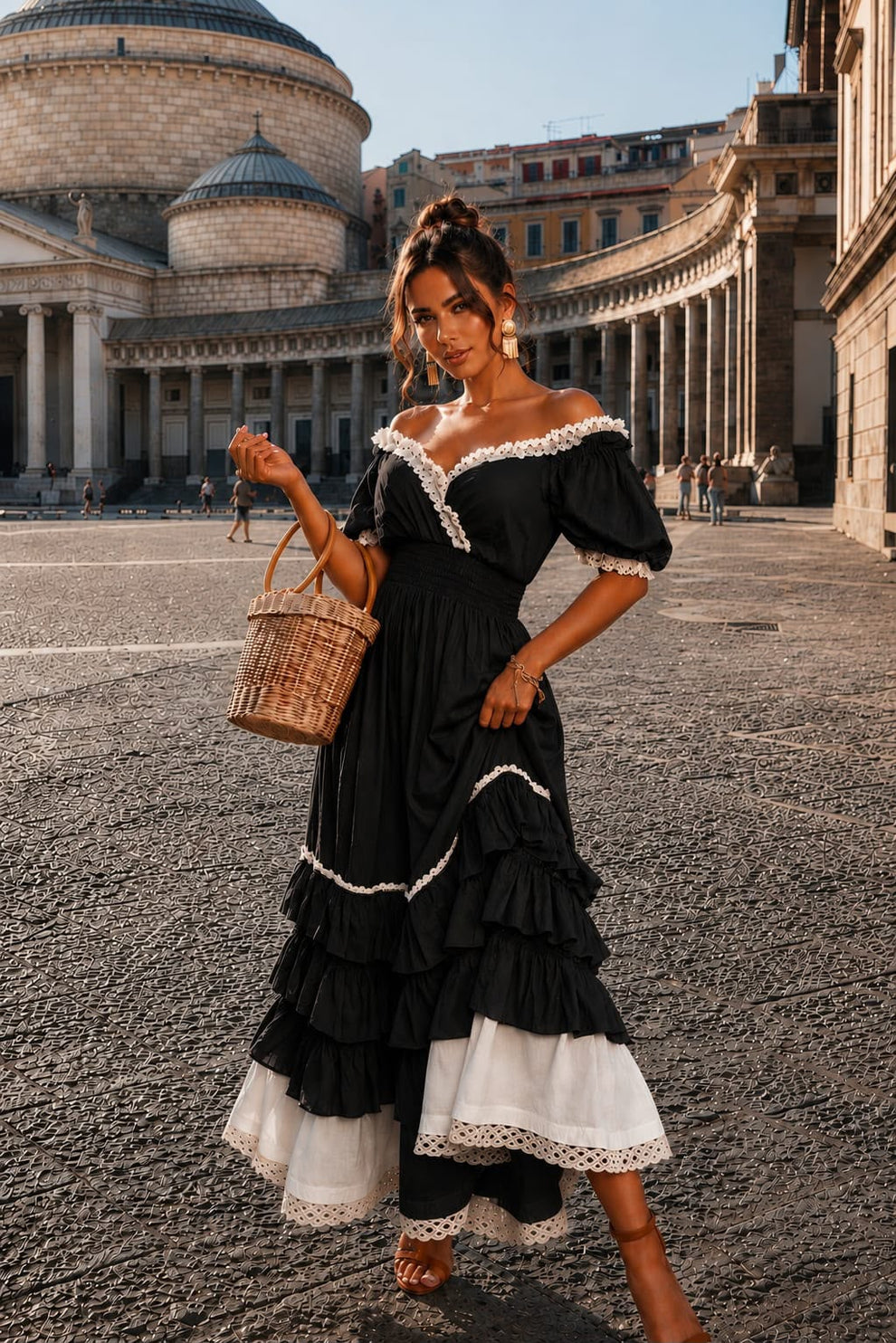 Naeun Off-Shoulder Maxi Dress with Ruffles and Lace Trim, view 6 - Elena Harper